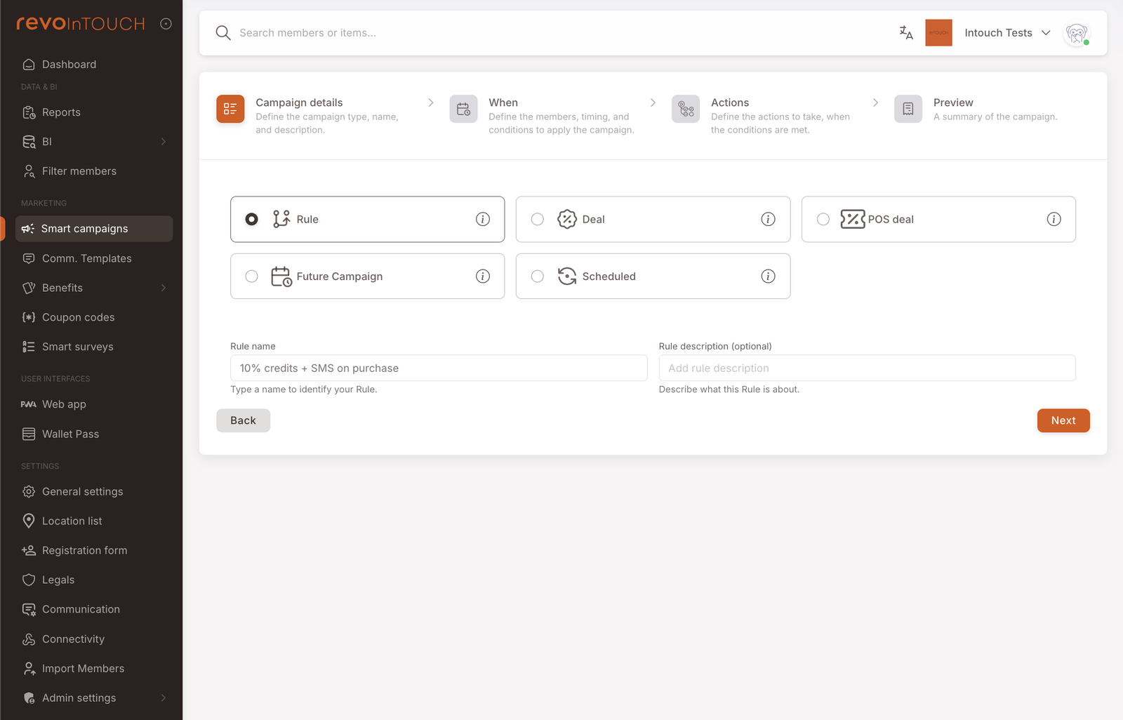 Step 1 — Campaign details with Rule selected and the name "10% credits + SMS on purchase"