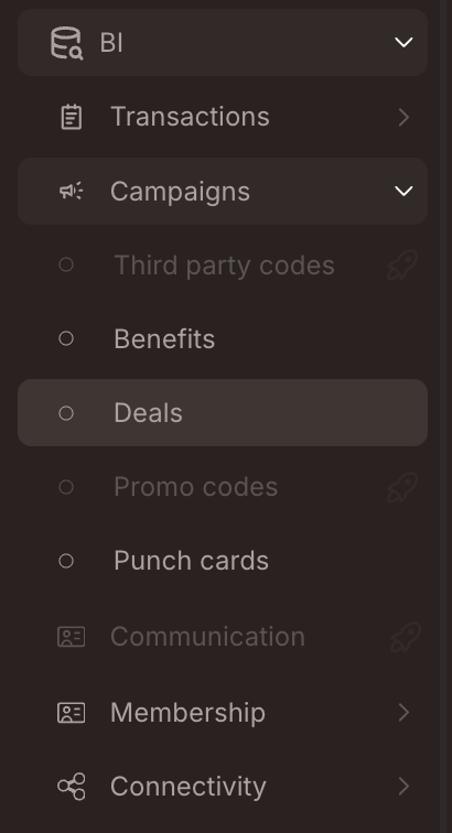 BI > Campaigns area expanded showing five subsections: Third party codes (greyed/inactive), Benefits, Deals (selected/highlighted), Promo codes (greyed/inactive), Punch cards. The same pattern applies to every area — pick a subsection to open the builder.