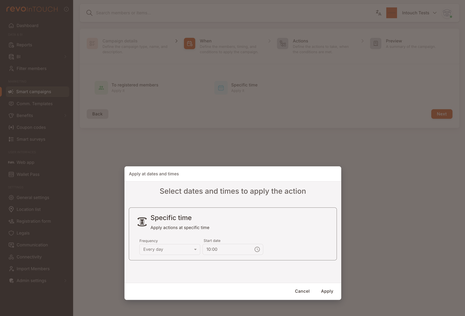 Step 2 — When, with the Apply at dates and times picker open, Frequency set to Every day and start time 10:00