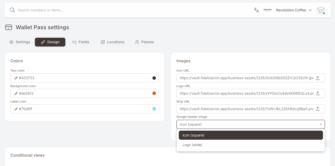 The Design tab Images panel — Icon URL, Logo URL and Strip URL fields, with the Google header image dropdown open below them showing the two choices: Icon (square) and Logo (wide)
