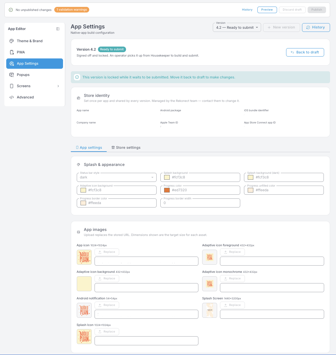 App Settings panel — version selector showing "4.2 — Ready to submit", read-only Store identity, and the App settings tab with Splash & appearance colours and the App images upload slots