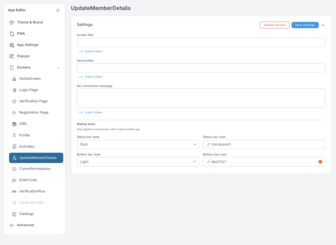 UpdateMemberDetails settings — screen title, save button, no-connection message and native bars