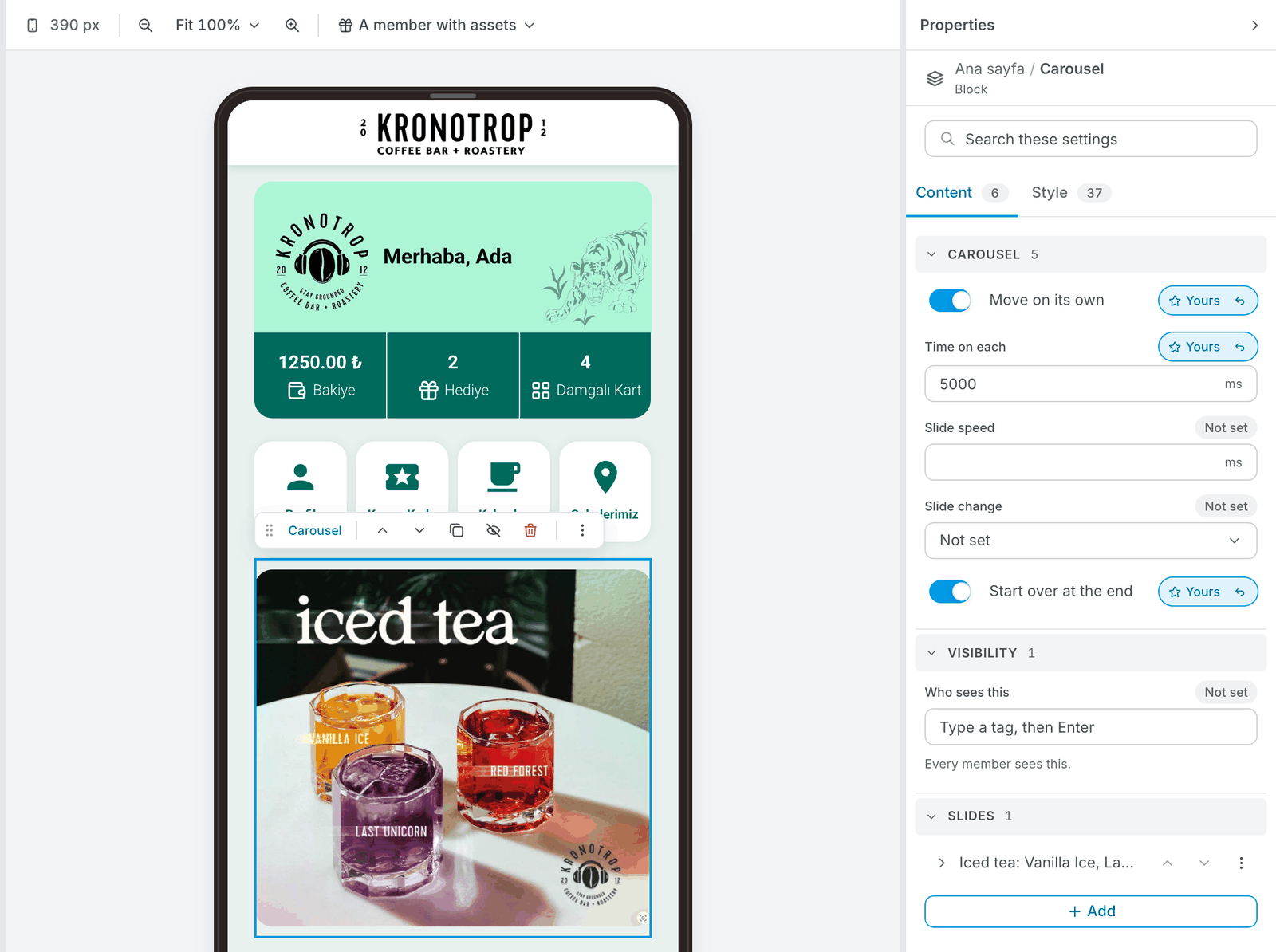 A carousel selected, with its settings on the right: Move on its own, Time on each, Start over at the end, Visibility, and the Slides list with the Add button at the bottom
