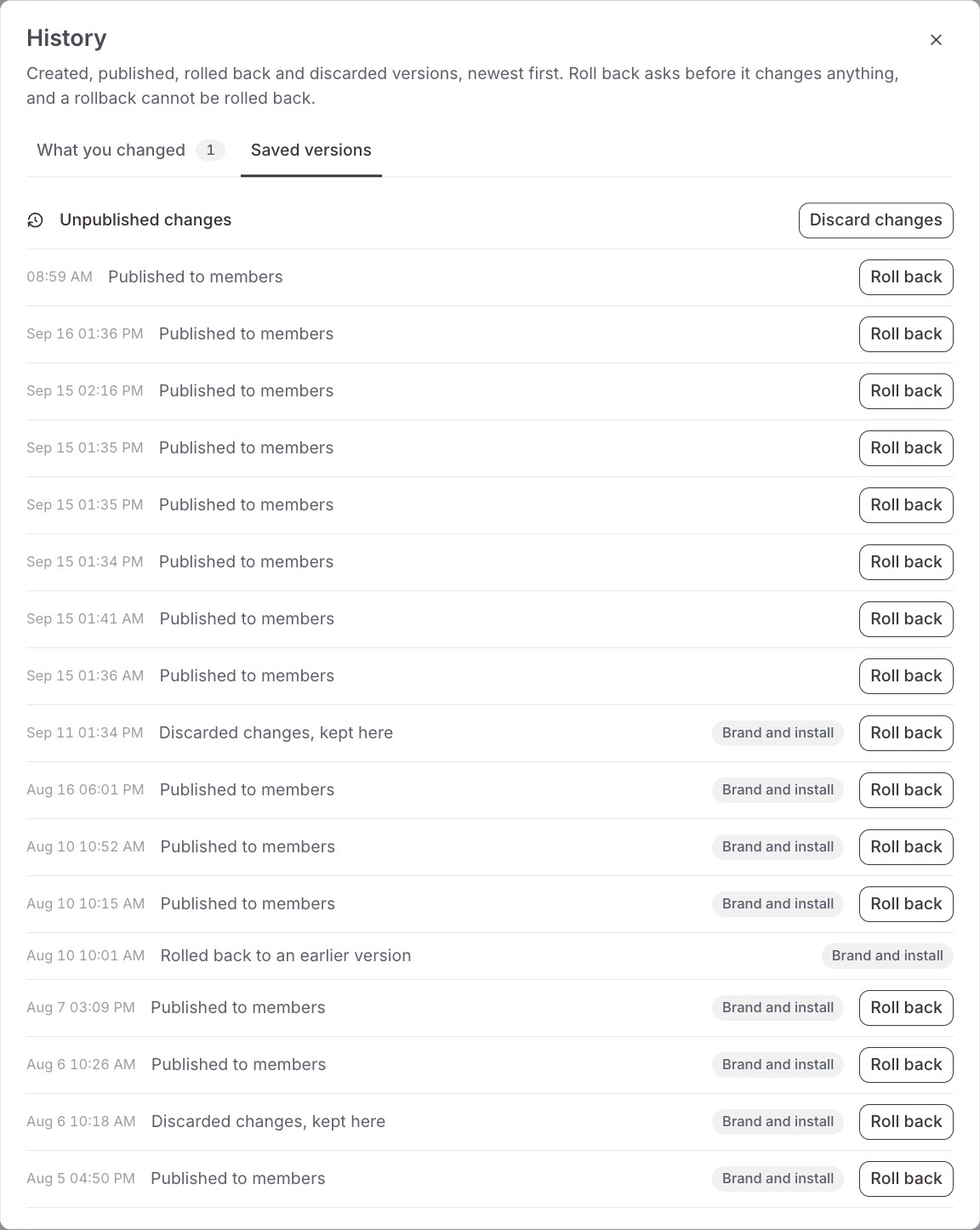 History, on the Saved versions tab: Unpublished changes with a Discard changes button at the top, then every published, discarded and rolled-back version with its date, most with a Roll back button