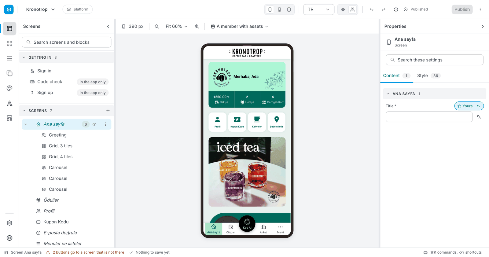 The new editor: a narrow bar of icons and a list of screens on the left, the app on a phone in the middle, and a Properties panel on the right