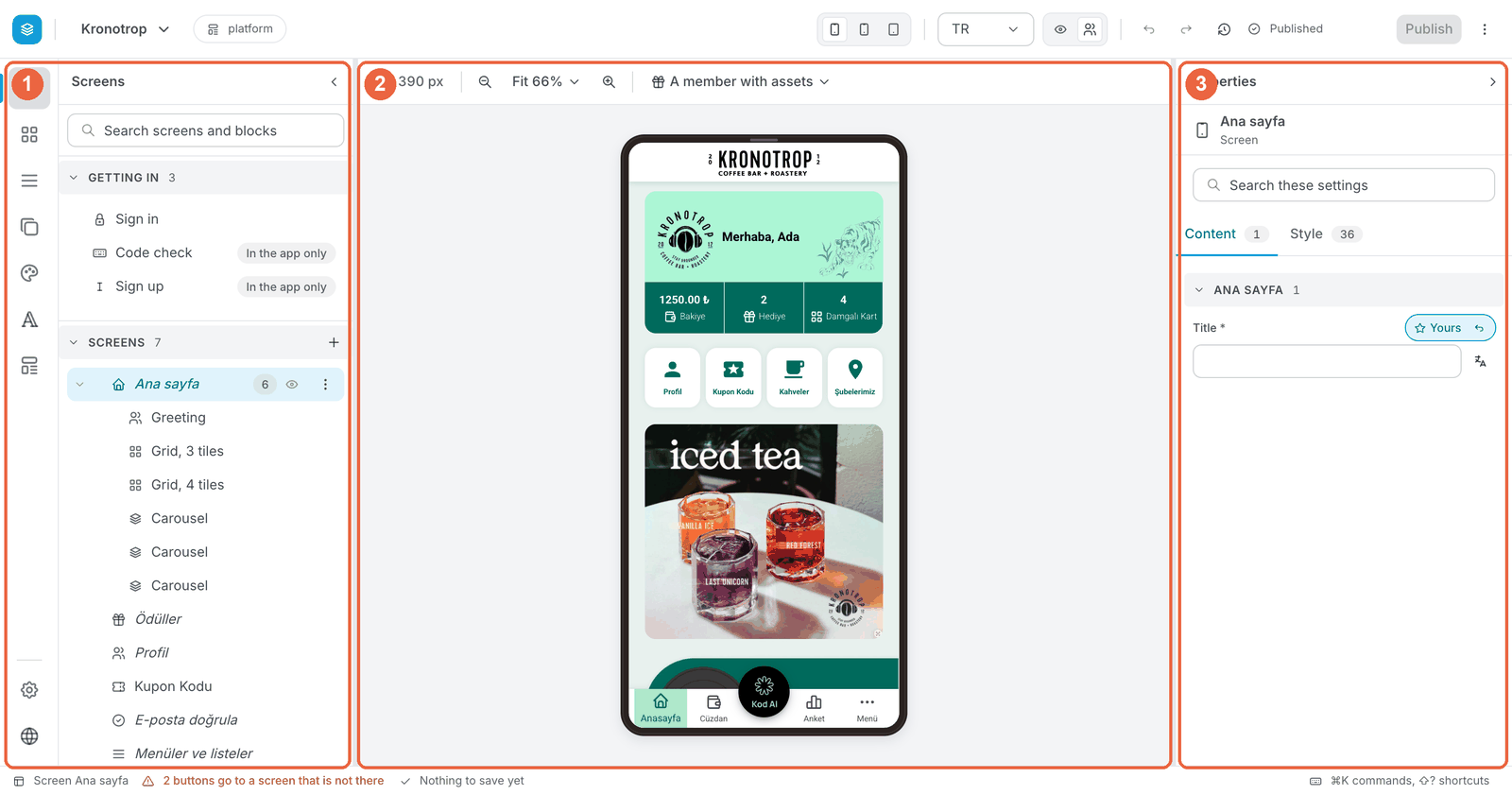 The new editor with its three parts numbered: 1 the left bar and the list of screens, 2 the phone in the middle, 3 the Properties panel on the right