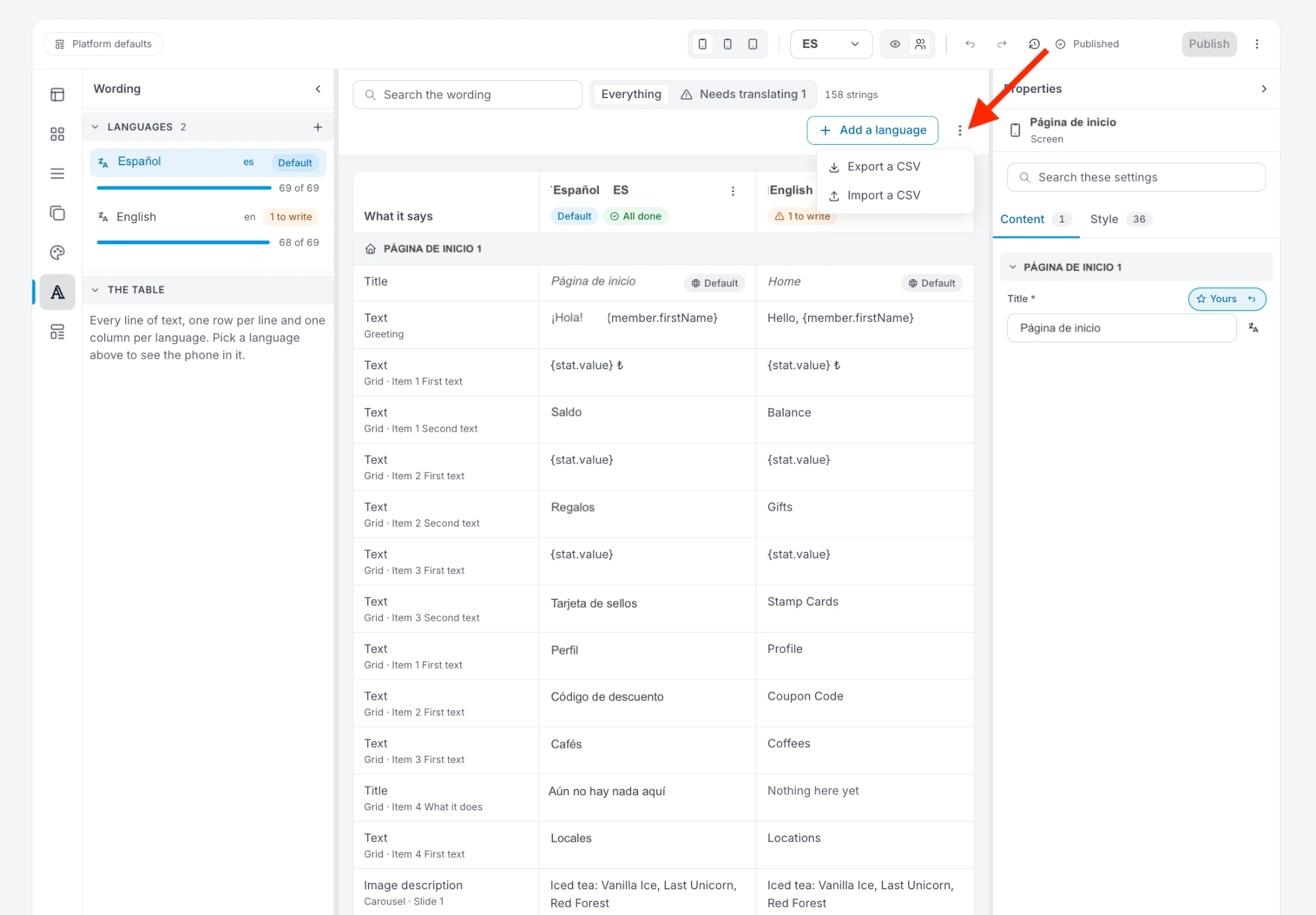 The Wording table with one column per language, Español and English, and the ⋮ menu next to Add a language open on Export a CSV and Import a CSV