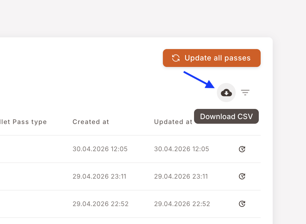 The Download CSV cloud icon highlighted with an arrow, located between the filters icon and the Update all passes button at the top of the Passes tab