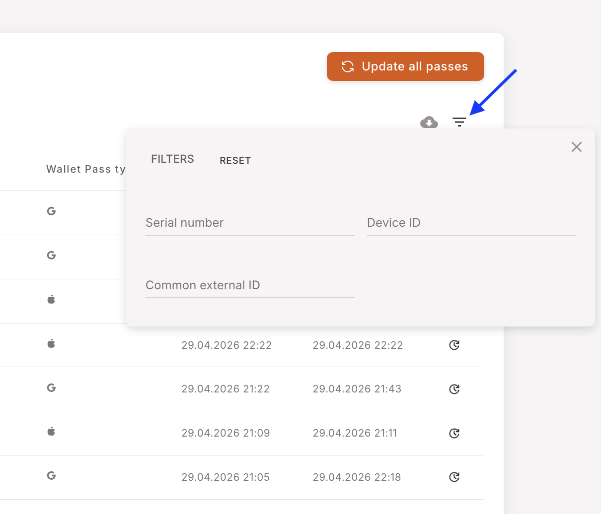 The Passes tab with the Filters popover open — Serial number, Device ID, and Common external ID search inputs