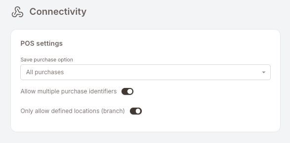 POS settings card showing three controls: Save purchase option set to "All purchases", Allow multiple purchase identifiers toggle on, and Only allow defined locations (branch) toggle on.