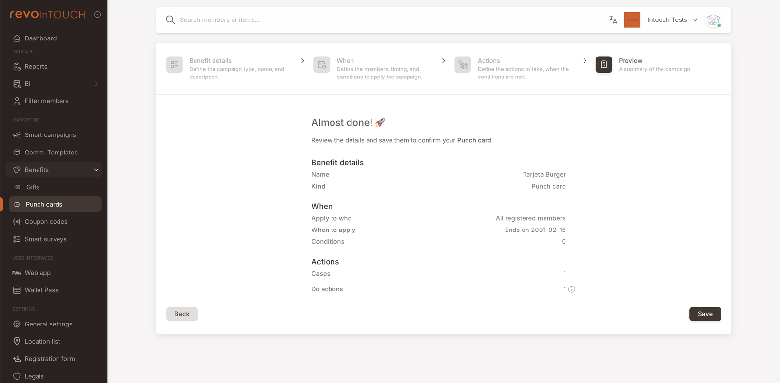 Step 4 — Preview showing Tarjeta Burger recap: Benefit details (Name: Tarjeta Burger, Kind: Punch card). When (Apply to who: All registered members, When to apply: Ends on 2031-02-16, Conditions: 0). Actions (Cases: 1, Do actions: 1). Save button.