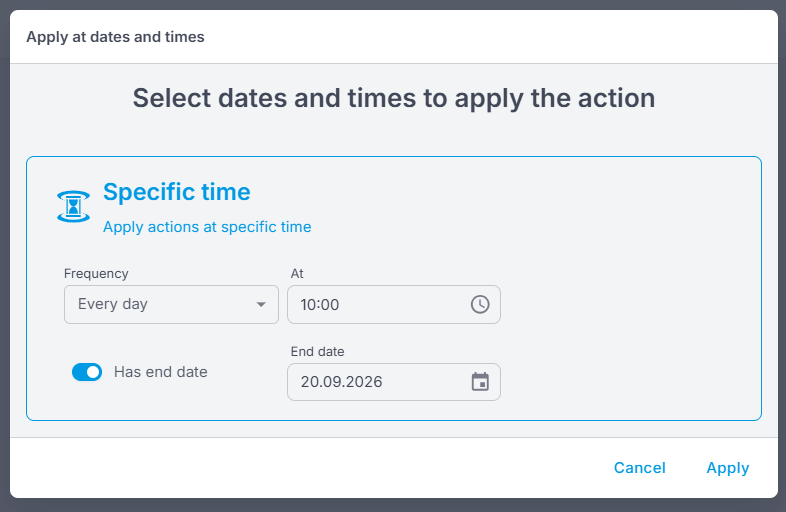 The picker with Every day selected, Has end date switched on and an end date filled in
