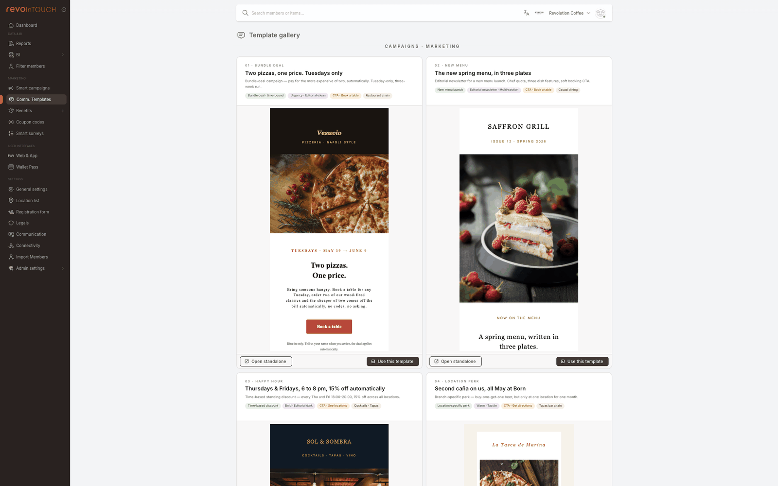 The Template gallery. Cards are grouped under a "Campaigns · Marketing" heading, each with a numbered label, a title, a one-line description, tags, and a preview of the email design, plus "Open standalone" and "Use this template" buttons.