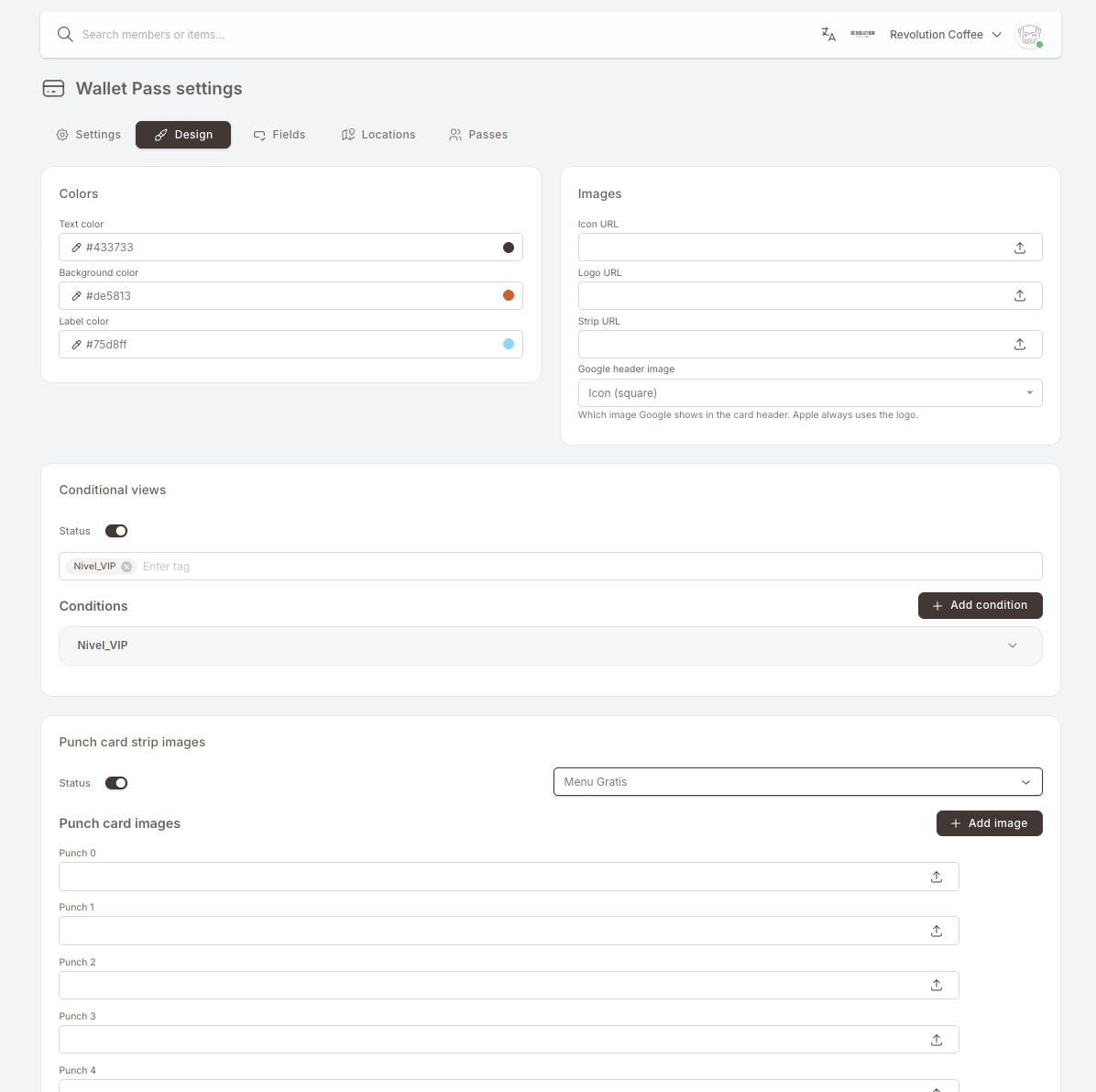 The Design tab — Colors panel (Text color, Background color, Label color), Images panel (Icon URL, Logo URL, Strip URL and the Google header image picker), Conditional views panel (Status on, Nivel_VIP tag configured), and a Punch card strip images panel