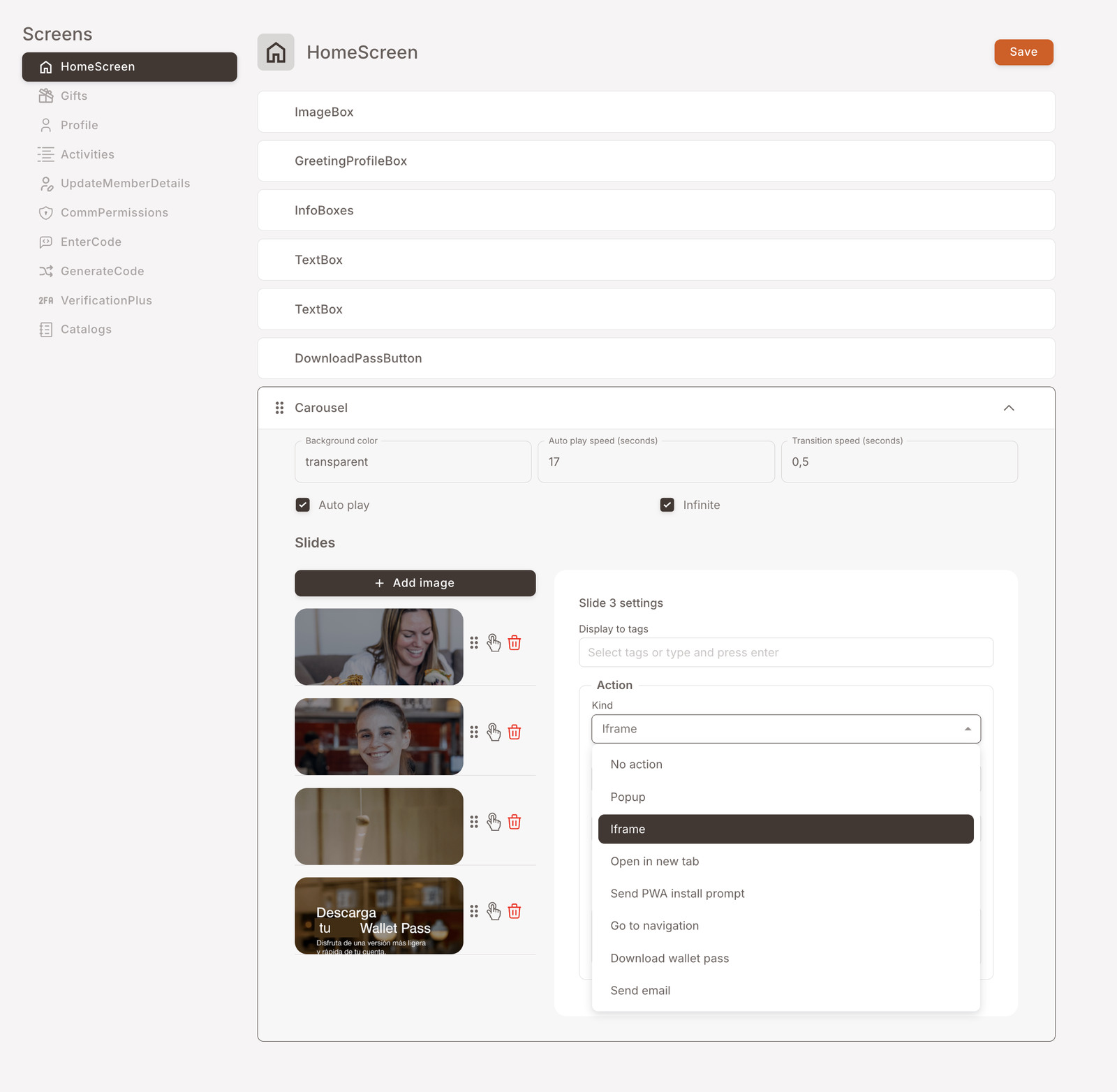 Die Hub Web app-Einstellungen — Screens linke Navigation (HomeScreen / Gifts / Profile / Activities / etc.), HomeScreen-Widget-Stack (ImageBox, GreetingProfileBox, InfoBoxes, TextBox, DownloadPassButton, Carousel), und das Carousel-Panel ausgeklappt mit Background color, Auto play speed, Transition speed, Auto play / Infinite-Toggles, der Slides-Liste mit Thumbnails und den Pro-Folie-Einstellungen rechts mit einem Display-to-tags-Feld und einem Action-Dropdown (No action, Popup, Iframe, Open in new tab, Send PWA install prompt, Go to navigation, Download wallet pass, Send email)