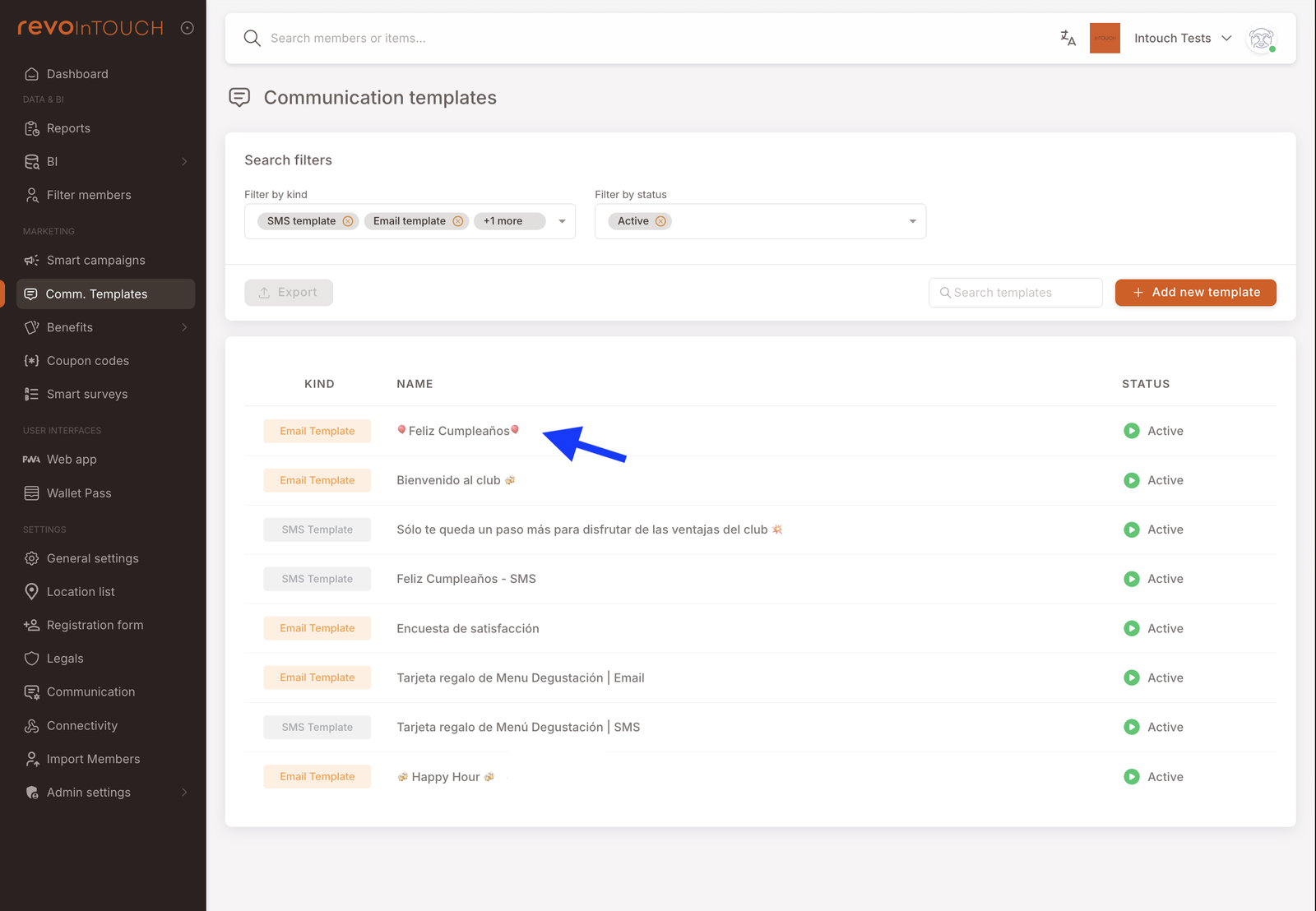 Komm. Vorlagen-Liste mit den vorkonfigurierten Geburtstagsvorlagen "Feliz Cumpleaños" — dieser Mandant hat sowohl eine E-Mail- als auch eine SMS-Version