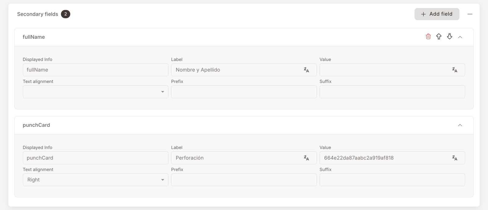 Secondary fields ausgeklappt — fullName-Feld mit Label "Nombre y Apellido" und ein punchCard-Feld mit Label "Perforación" und einem Value, der an eine bestimmte Stempelkarten-Asset-ID gebunden ist