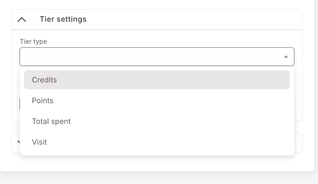 Dropdown Stufentyp geöffnet, zeigt vier Optionen: Guthaben (markiert), Punkte, Gesamtausgaben, Besuch.