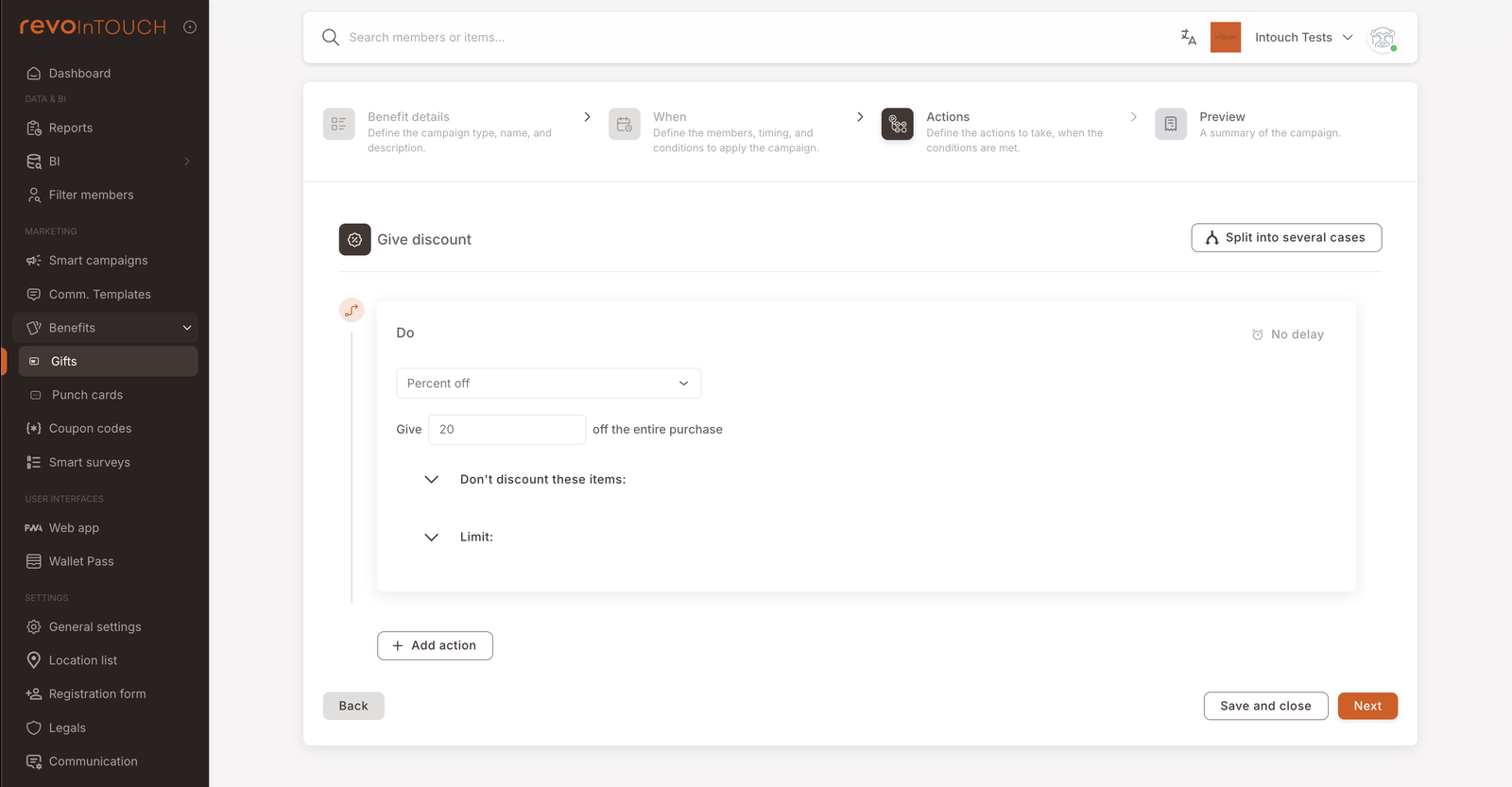 Schritt 3 — Aktionen mit Give-discount-Header. Der Do-Block zeigt Percent off als Rabattart, "Give 20 off the entire purchase". Don't discount these items- und Limit-Aufklappbereiche darunter. Add-action-Schaltfläche unten; Split-into-several-cases-Option oben rechts.