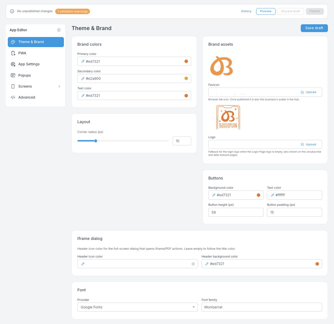 Panel Theme &amp; Brand — Brand colors (primär, sekundär, Text), Layout mit einem Schieberegler für den Corner radius, Brand assets mit Uploads für Favicon und Logo sowie die Blöcke Buttons, Iframe dialog und Font