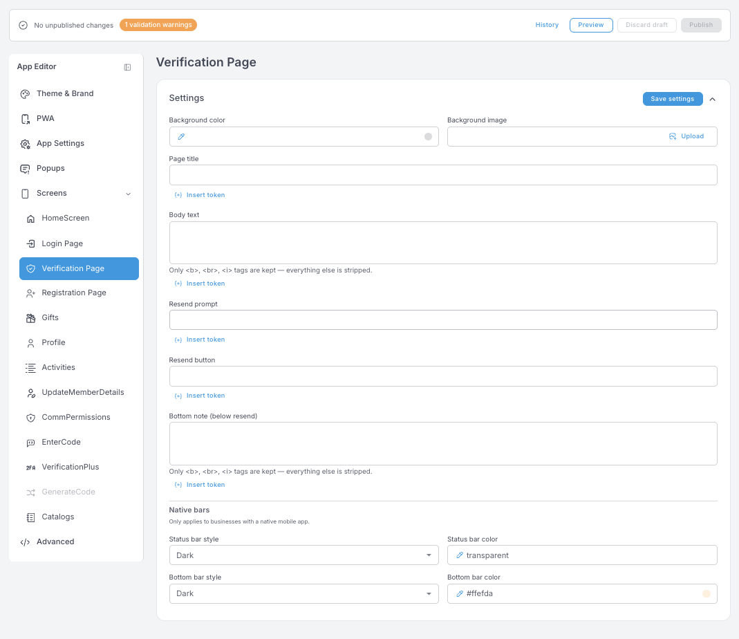 Einstellungen der Verification Page — Seitentitel, Fließtext, Hinweis zum erneuten Senden, Button zum erneuten Senden und Notiz am unteren Rand