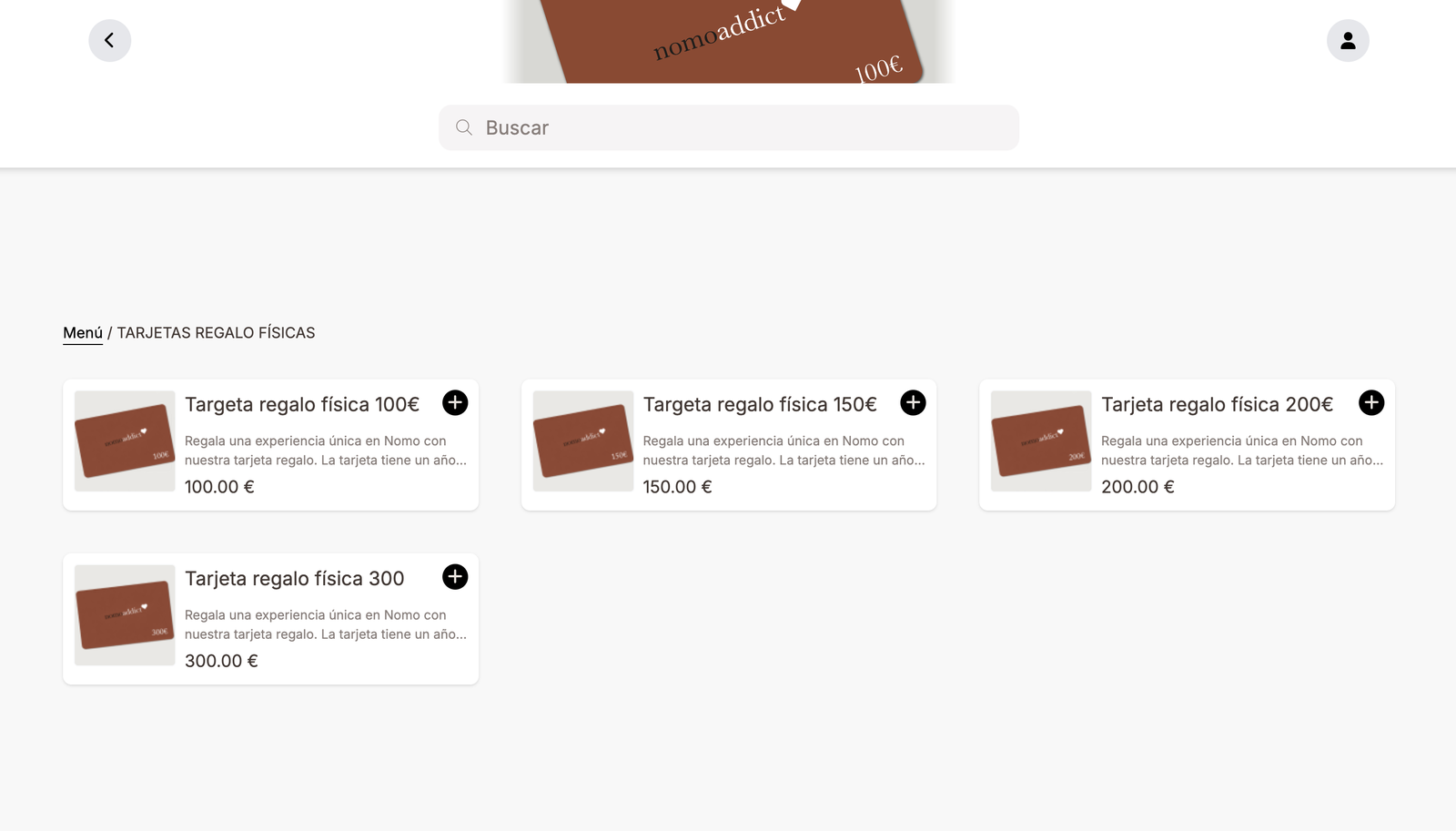 Ein Katalog für physische Geschenkkarten in einer Online-Bestelloberfläche, der vier Stückelungen nebeneinander zeigt: Geschenkkarte 100 €, 150 €, 200 €, 300 €. Jede ist eine eigene Produktkarte mit dem Preis.