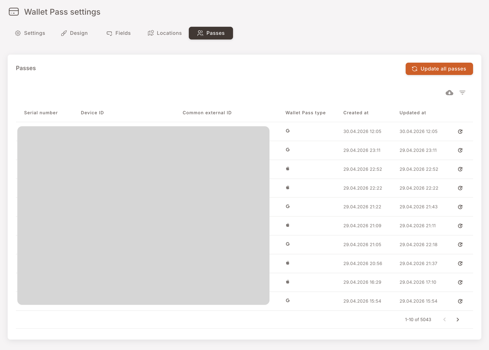 Der Pässe-Tab — eine paginierte Tabelle, die jeden heruntergeladenen Pass mit Spalten für Serial number, Device ID, Common external ID, Wallet-Pass-Typ (Apple oder Google), Created at, Updated at sowie einem Aktualisierungssymbol pro Zeile auflistet. Der Zähler zeigt in diesem Beispiel 1-10 von 5043