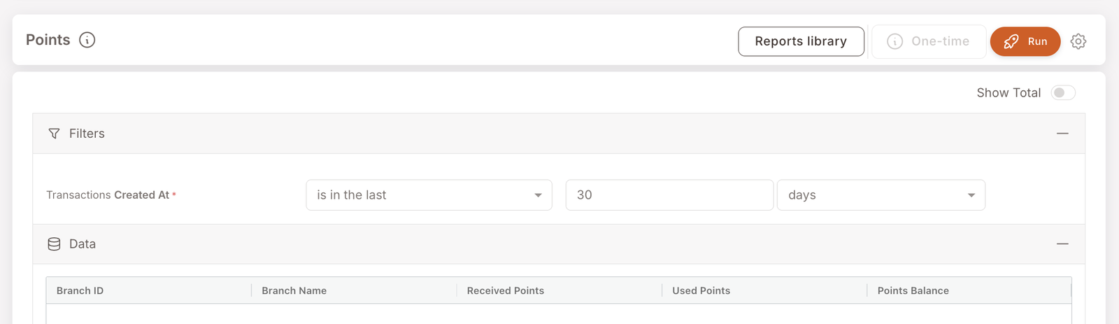 Punkte-Bericht. Filter: Transactions Created At is in the last 30 days. Sichtbare Datentabellen-Header: Branch ID, Branch Name, Received Points, Used Points, Points Balance. Der Datenbereich ist in diesem Screenshot leer — entweder vergibt das Programm keine Punkte oder es gab im Zeitraum keine Punkteaktivität.