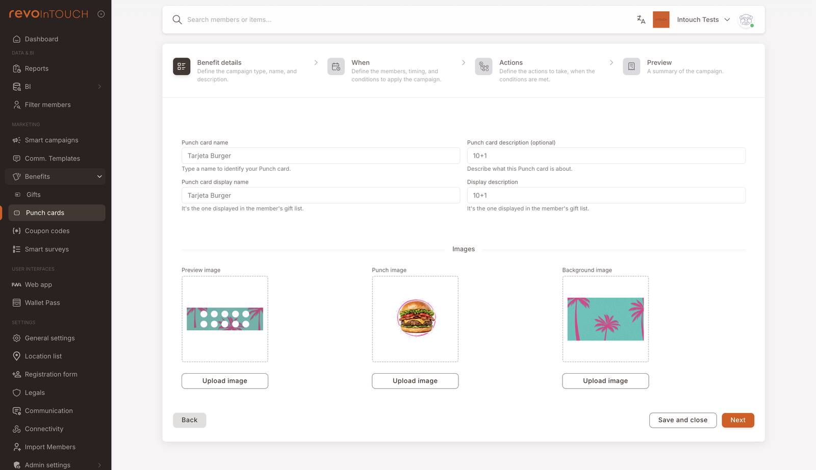 Schritt 1 — Vorteilsdetails für eine Stempelkarte namens "Tarjeta Burger". Anzeigename der Karte "10+1", Anzeigebeschreibung "10+1". Drei Bild-Upload-Plätze nebeneinander: Vorschaubild (eine türkise Karte mit 10 leeren weißen Kreisen in einem Raster), Stempel-Bild (eine Burger-Illustration), Hintergrundbild (türkis/orange tropisches Muster). Schaltflächen Zurück / Speichern und schließen / Weiter.