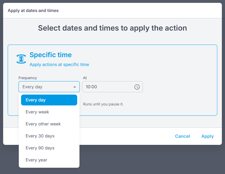 Der An-Daten-und-Zeiten-anwenden-Picker mit geöffnetem Frequenz-Dropdown