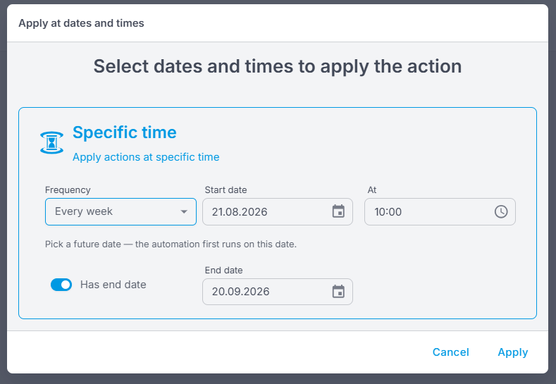 Der Picker mit Jede Woche ausgewählt, mit dem Feld Startdatum neben Frequenz, Uhrzeit und Enddatum