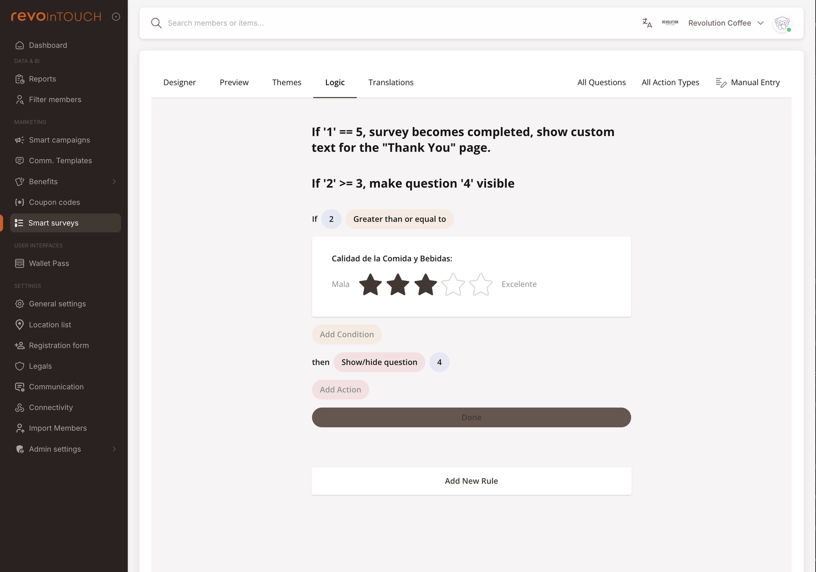 Der Logic-Tab im Umfrage-Builder. Obere Tab-Leiste: Designer / Preview / Themes / Logic (ausgewählt) / Translations. Die Leinwand zeigt eine Regelliste — jede Zeile sagt „Wenn <Frage> <ist / ist nicht / enthält> <Wert>, dann <Frage überspringen / Frage zeigen / zu Seite gehen / Umfrage beenden>". Ein Regel hinzufügen-Button unten. Die rechte Leiste zeigt Bearbeitungssteuerungen, wenn eine Regel ausgewählt ist.