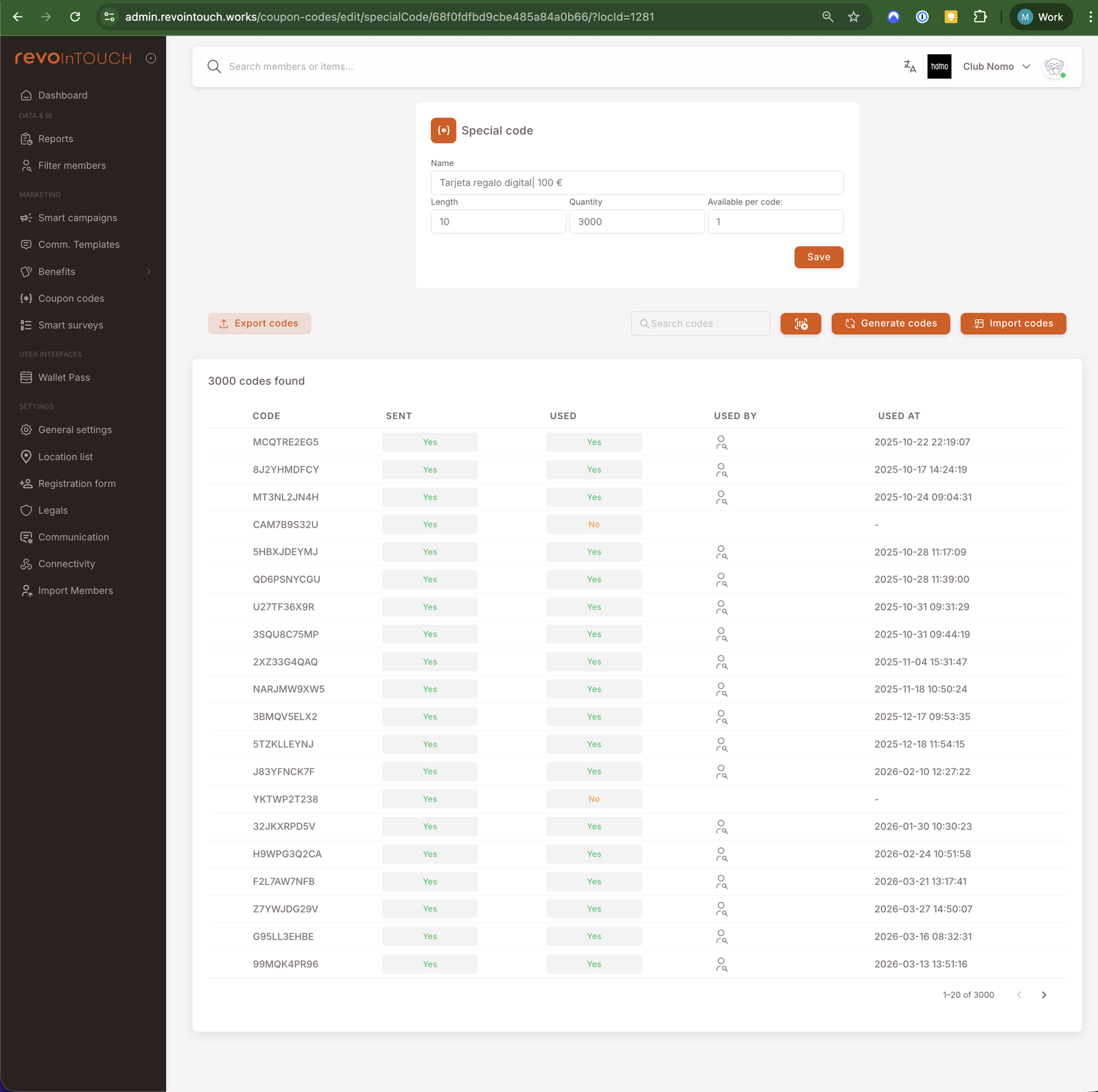 La vista de detalle de un registro de código de cupón (Tarjeta regalo digital | 100 €). Arriba: un formulario "Special code" con Name, Length 10, Quantity 3000, Available per code 1, más un botón Save. Debajo: botones de acción — Export codes (naranja), Generate codes (naranja), Import codes (naranja). Debajo: "3000 codes found" con una tabla — Code (p. ej. WCQTRE2EOS, 6JZYHMEFCY, MTN9LZJM4H, …), Sent (Yes), Used (Yes / No), Used By (icono de miembro), Used At (marca de tiempo). Paginación al pie: 1–25 of 3000.