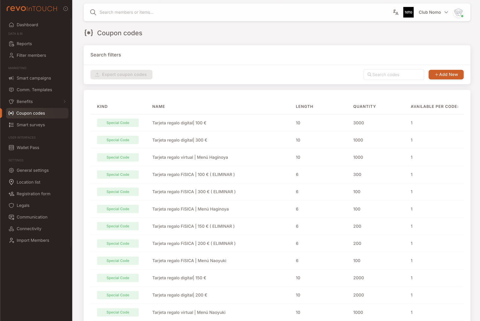 Vista de lista de Códigos de cupón. Cabecera "Coupon codes" con botones Search filters / Export coupon codes / Search codes / + Add New en la barra de herramientas. Columnas de la tabla: Kind (todas las filas muestran "Special Code"), Name, Length, Quantity, Available per Code. Las filas incluyen "Tarjeta regalo digital | 100 €" (longitud 10, cantidad 3000, disponible 1), "Tarjeta regalo digital | 300 €" (10, 1000, 1), "Tarjeta regalo virtual" (10, 1000, 1), "Tarjeta regalo FISICA | 100 €" (6, 300, 1) y variantes similares en distintas denominaciones.
