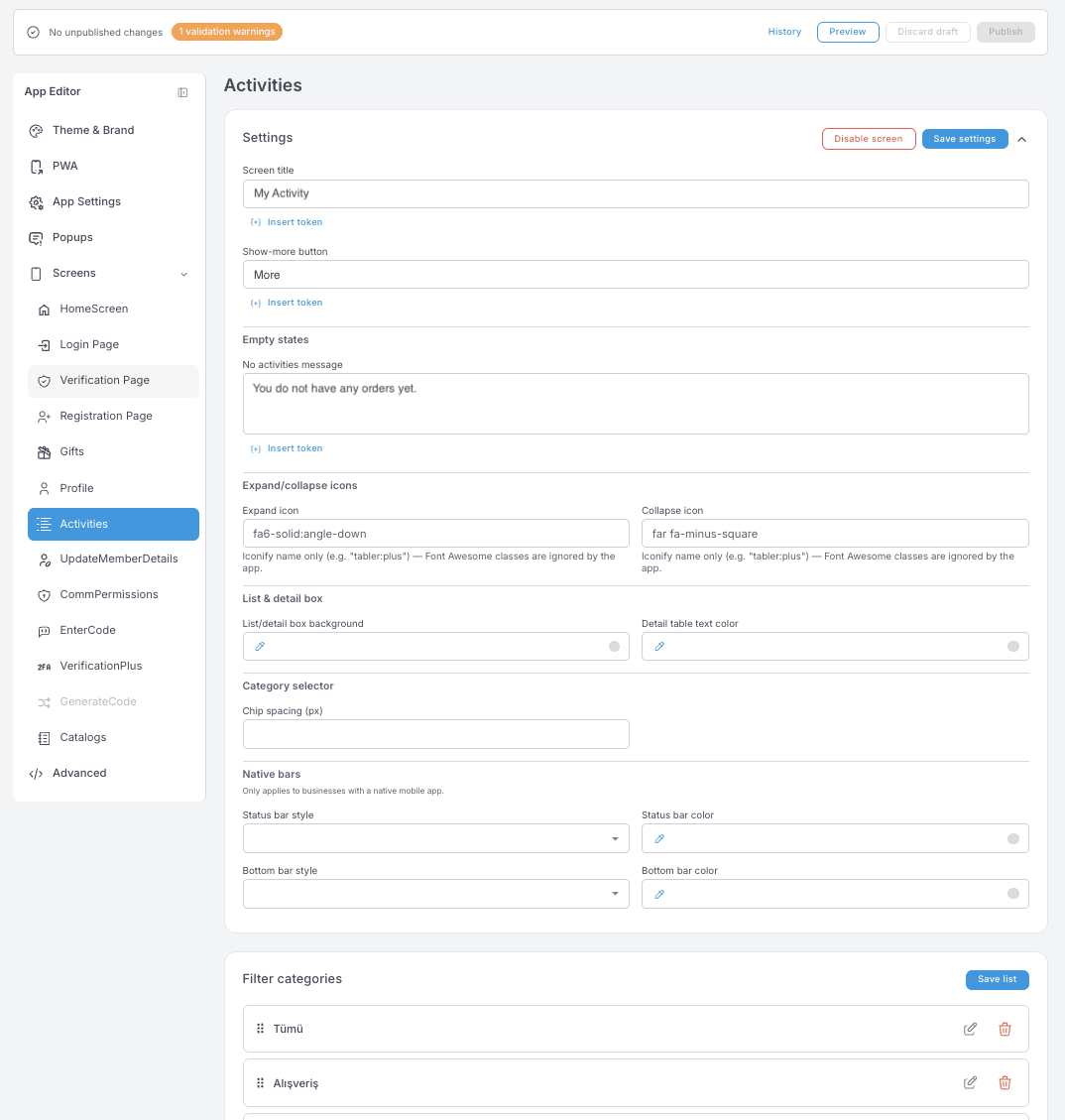 Ajustes de Activities — título de la pantalla, show-more button, estado vacío, iconos de expandir y contraer, estilo de la lista y del cuadro de detalle, y una lista de Filter categories