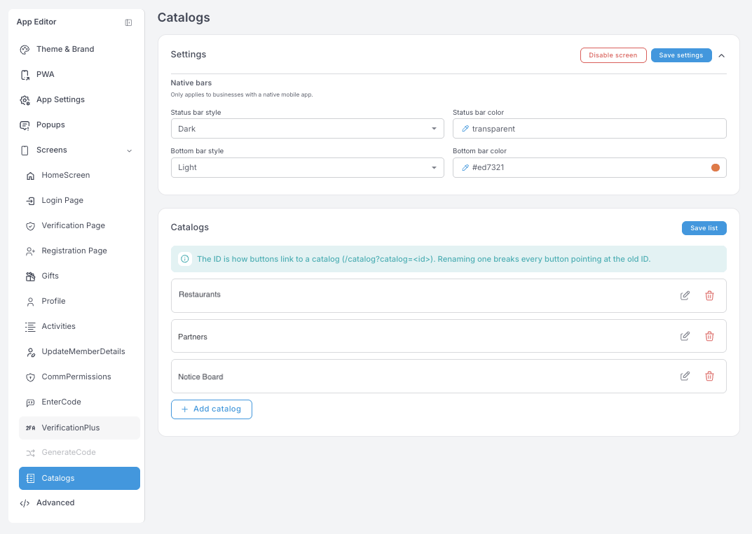 Ajustes de Catalogs — native bars y una lista de Catalogs que contiene Restaurants, Partners y Notice Board