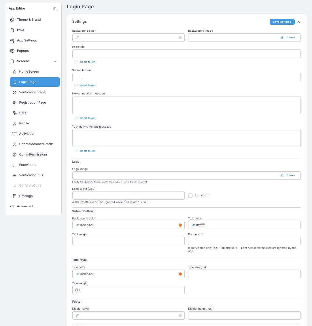Ajustes de Login Page — fondo, título de la página, botón de envío, mensajes de no-connection y too-many-attempts, un bloque Logo, y el estilo del botón de envío, del título y del pie de página