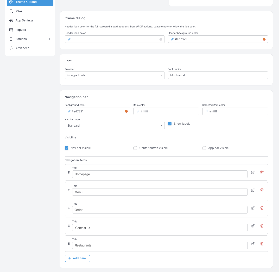 Bloque Navigation bar — fondo, colores de los elementos y del elemento seleccionado, nav bar type, Show labels, tres casillas de visibilidad y una lista reordenable de elementos de navegación