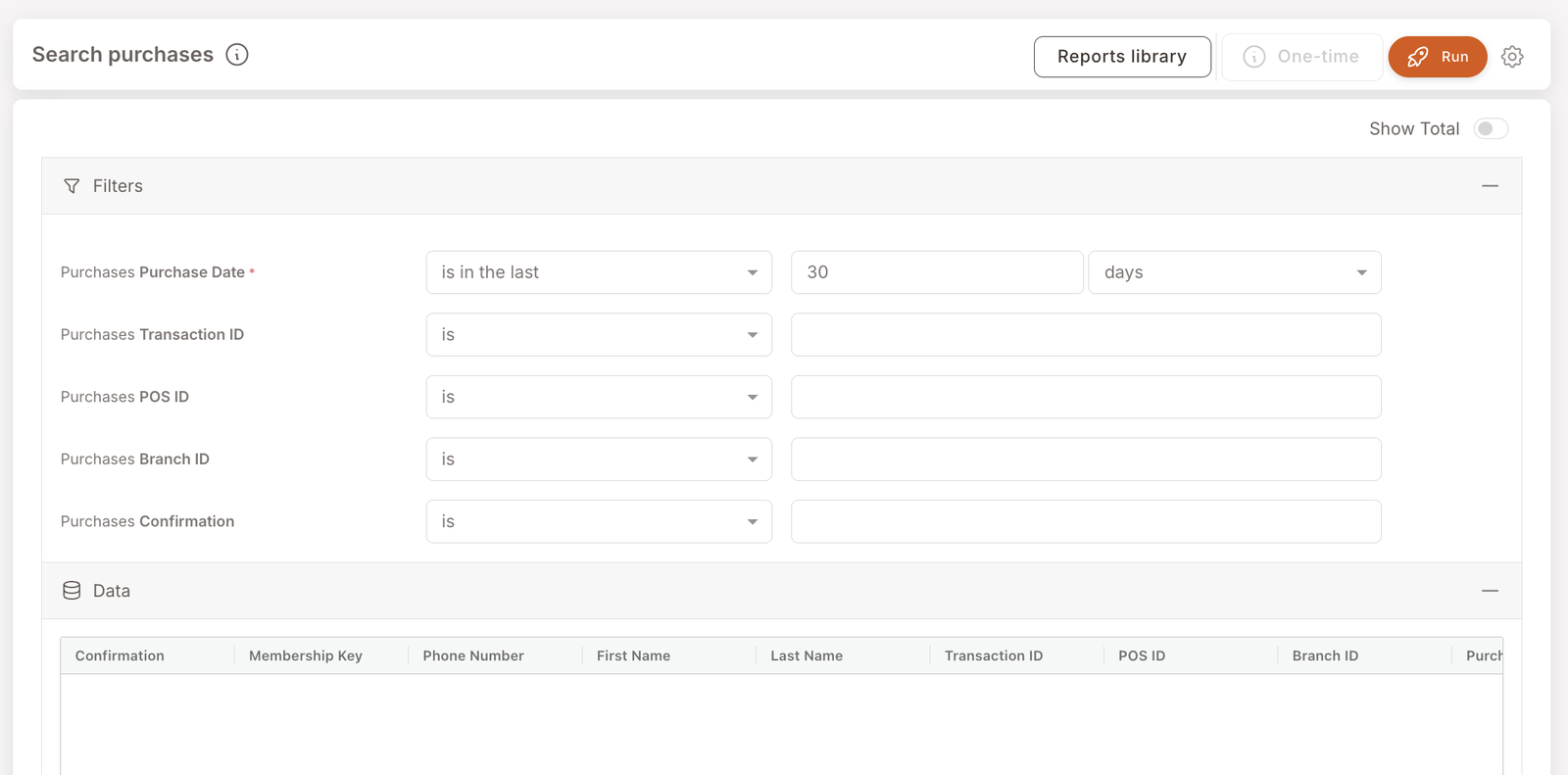 Informe Buscar compras. Filtros: Purchase Date en los últimos 30 días (obligatorio), Transaction ID vacío, POS ID vacío, Branch ID vacío, Confirmation vacío. Encabezados de la tabla de datos visibles: Confirmation, Membership Key, Phone Number, First Name, Last Name, Transaction ID, POS ID, Branch ID, Purch... (truncado).