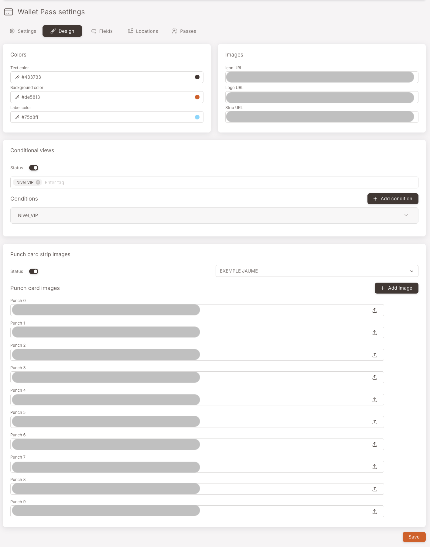 Tasarım sekmesi — Renkler paneli (Yazı rengi, Arka plan rengi, Etiket rengi), Görseller paneli (Icon URL, Logo URL, Strip URL), Koşullu görünümler paneli (Durum açık, Nivel_VIP etiketi yapılandırılmış) ve bir Damga kartı strip görselleri paneli