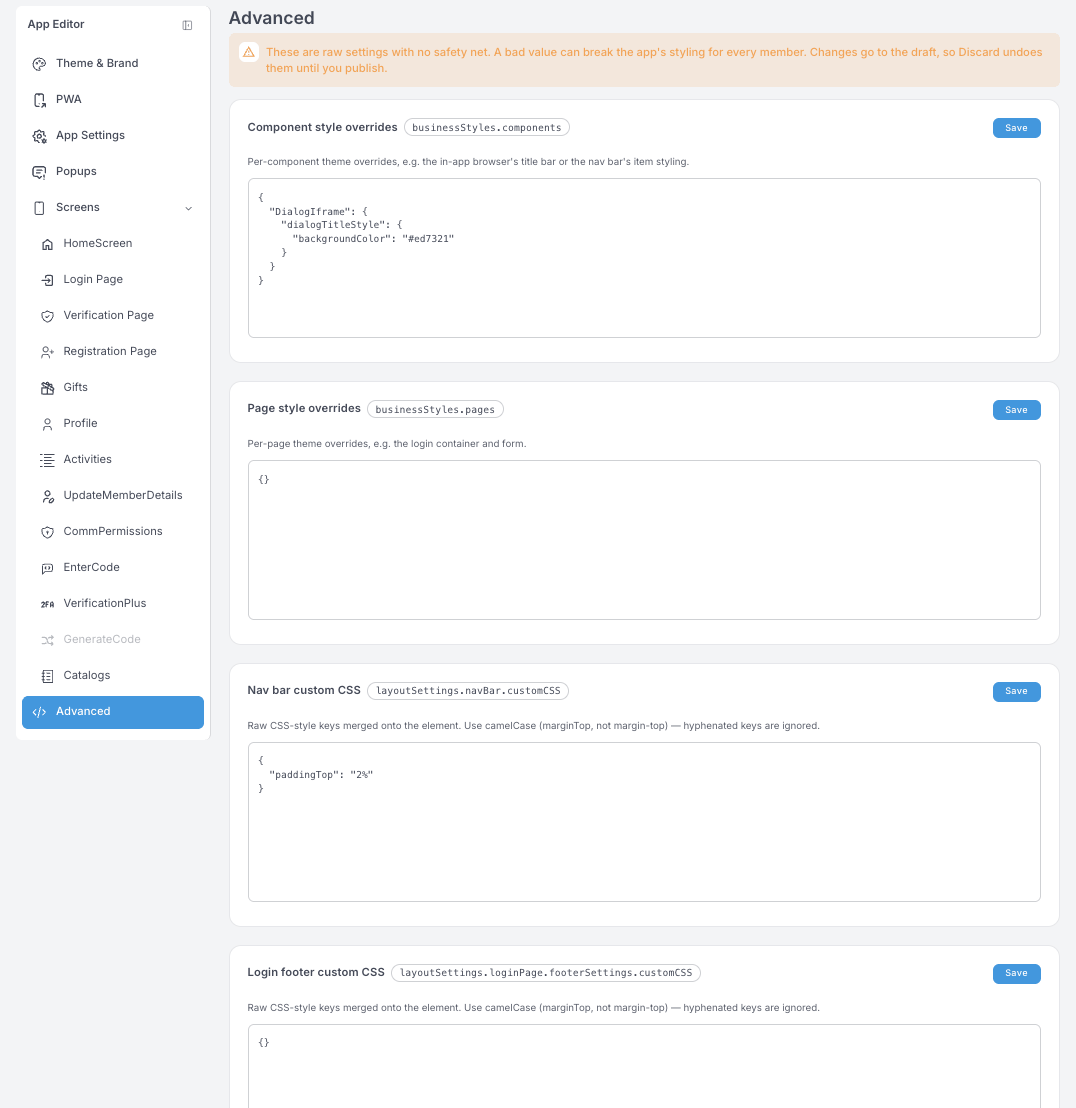 Advanced paneli — dört JSON kutusu: component style overrides, page style overrides, nav bar custom CSS ve login footer custom CSS