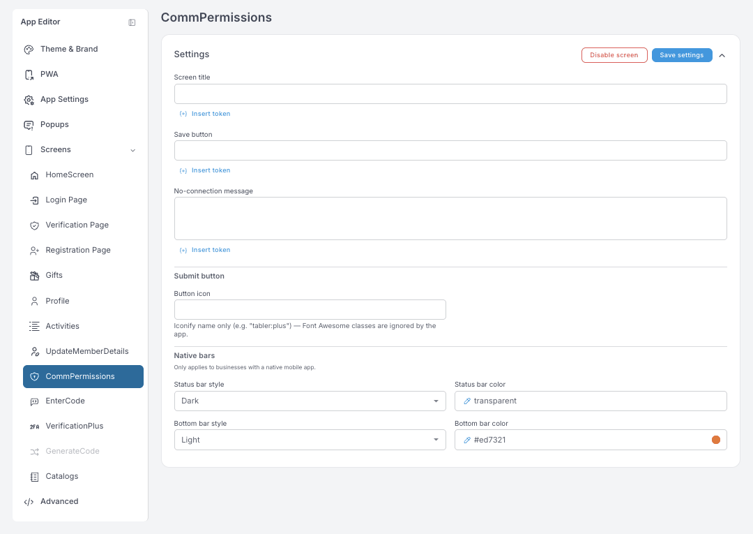 CommPermissions ayarları — ekran başlığı, kaydet düğmesi, bağlantı yok mesajı ve gönder düğmesi için bir simge alanı