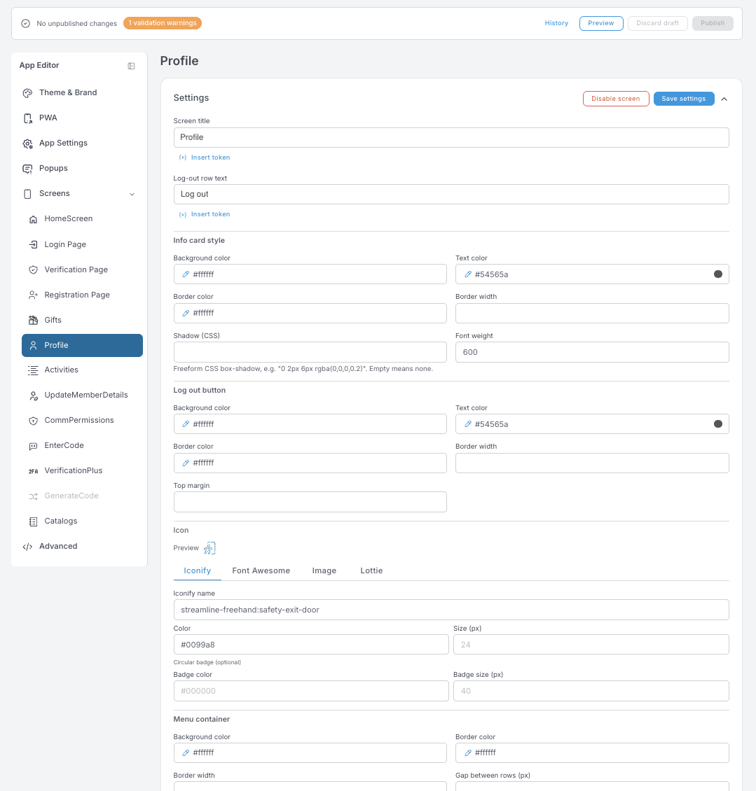 Profile ayarları — ekran başlığı, çıkış satırı metni, bilgi kartı ve çıkış düğmesi stilleri, Iconify / Font Awesome / Image / Lottie sekmelerini içeren bir simge seçici ve menü kapsayıcısı stilleri