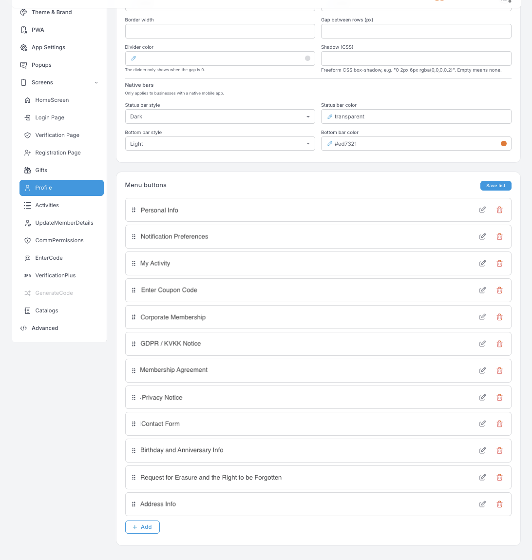 Profile menü düğmeleri — Personal Info, Notification Preferences, My Activity, Enter Coupon Code, yasal bildirimler, Contact Form ve bir veri silme talebini içeren sıralanabilir bir liste