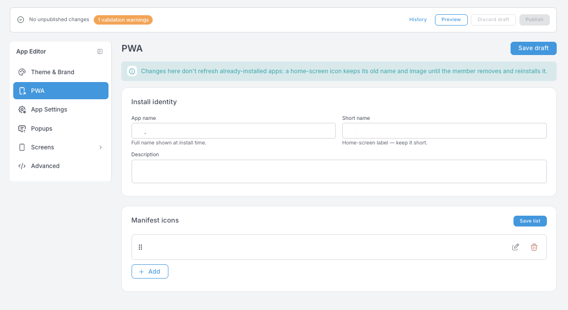 PWA paneli — App name, Short name ve Description alanlarını içeren Install identity bölümü ve ayrıca bir Manifest icons listesi