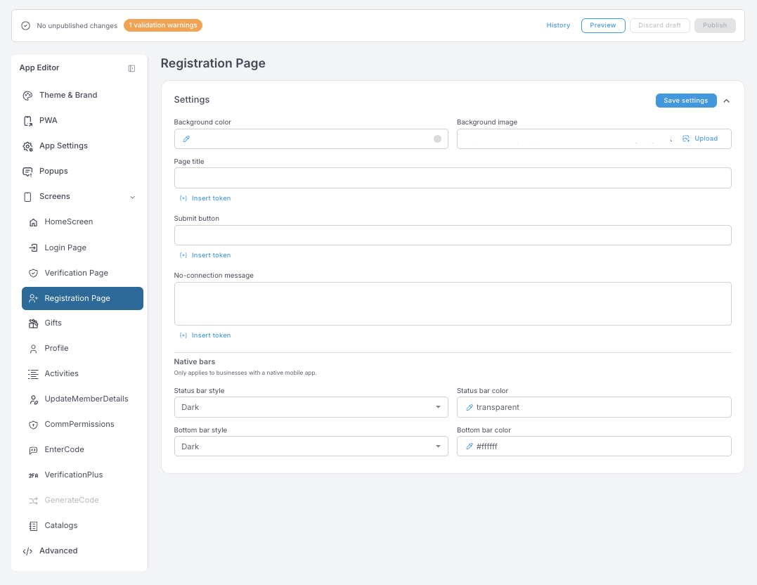 Registration Page ayarları — arka plan, sayfa başlığı, gönder düğmesi ve bağlantı yok mesajı