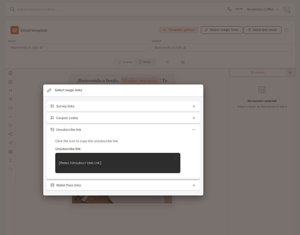 Abonelik iptal bağlantısı bölümü genişletilmiş aynı seçici. "Click the icon to copy the unsubscribe link" yazısının altında, kopyalama simgesiyle birlikte [@emailUnsubscribeLink] değerini gösteren bir "Unsubscribe link" alanı var.