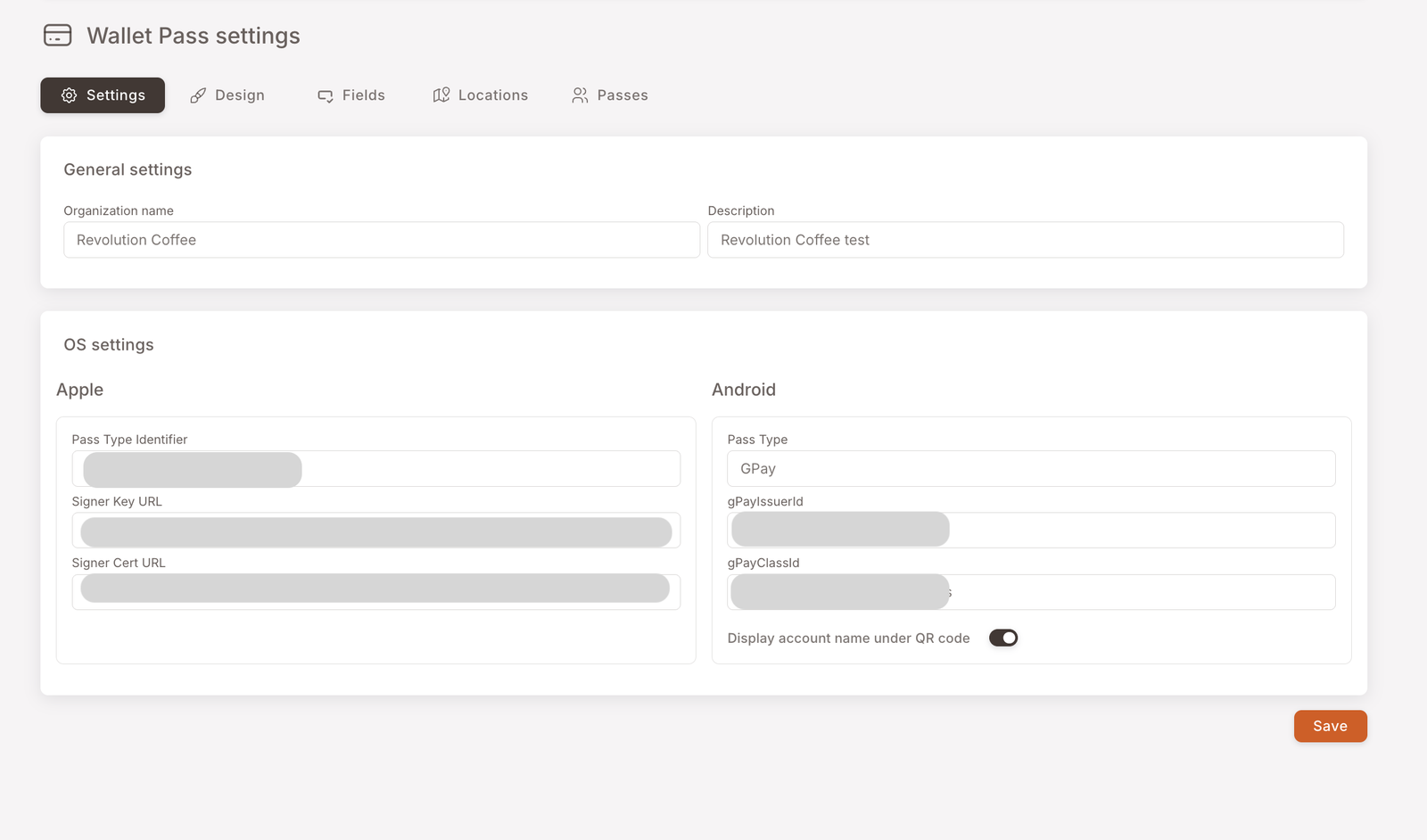 Settings sekmesi — Genel ayarlar (Kuruluş adı, Açıklama) ve Apple (Pass Type Identifier, Signer Key URL, Signer Cert URL) ile Android (Pass Type, gPayIssuerId, gPayClassId, QR kodunun altında hesap adını göster) olarak ikiye ayrılmış OS ayarları